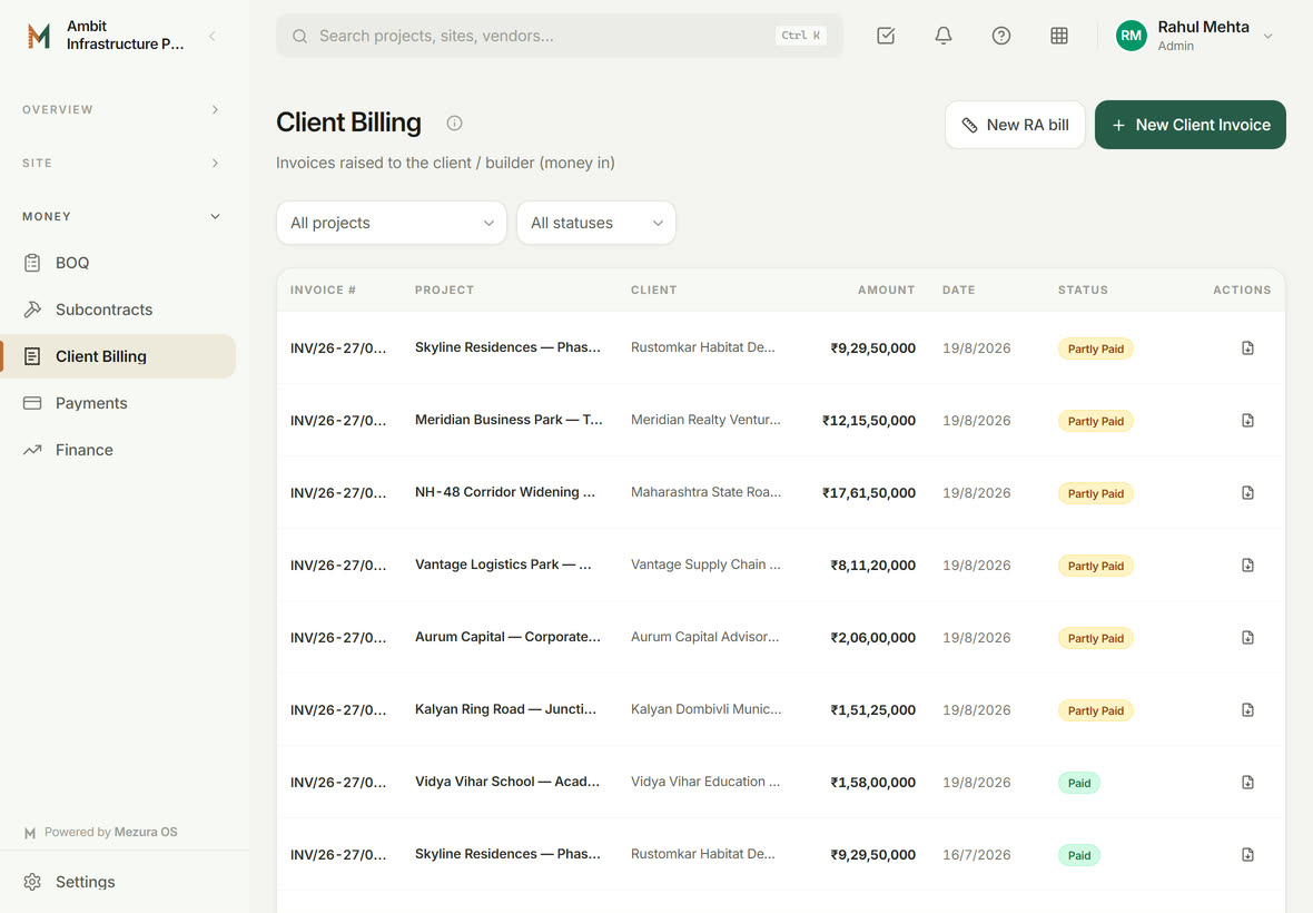 Client billing: each invoice with the amount, retention held, money received and status.